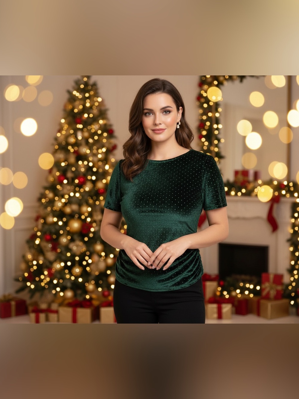 Michael Kors Emerald Green Velvet Short-Sleeve Top Size L